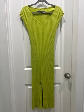 Enza Costa Ribbed Lime Green Short Sleeve Midi Dress Sz M